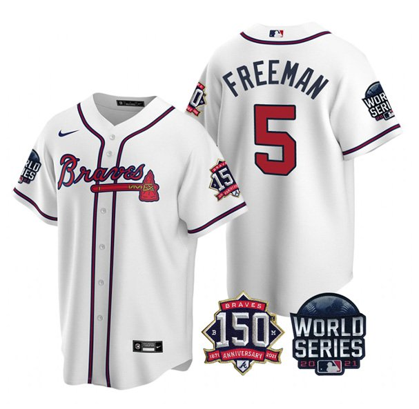 Men's Atlanta Braves #5 Freddie Freeman 2021 White World Series With 150th Anniversary Patch Cool Base Stitched Jersey Men's Atlanta Braves #5 Freddie Freeman 2021 White World Series With 150th Anniversary Patch Cool Base Stitched Jersey